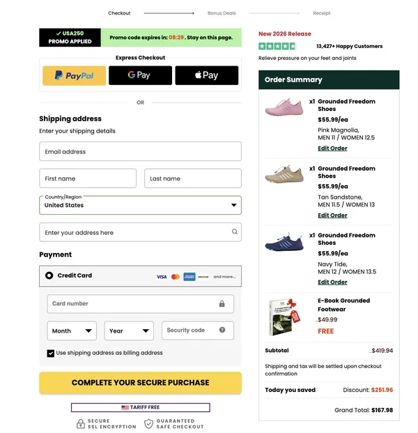 Grounded Footwear secure checkout page with order summary